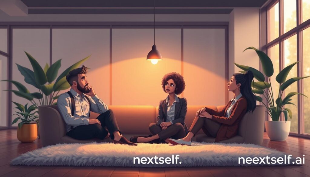 A serene and introspective scene depicting the concept of self-awareness. In the foreground, a diverse group of three individuals in professional business attire sits comfortably on a soft, plush rug, engaged in a thoughtful discussion. Their expressions convey deep reflection and openness. In the middle, a warm, glowing light emanates from a beautifully designed, minimalist lamp, casting gentle shadows and creating a cozy atmosphere. In the background, a modern, tranquil office space features lush green plants and large windows letting in soft, natural sunlight, enhancing the peaceful mood. The overall atmosphere should be inspiring and thoughtful, emphasizing the importance of understanding oneself. The image includes the logo of "nextself.ai" subtly integrated into the decor, reinforcing the focus on self-development. A serene and introspective scene depicting the concept of self-awareness. In the foreground, a diverse group of three individuals in professional business attire sits comfortably on a soft, plush rug, engaged in a thoughtful discussion. Their expressions convey deep reflection and openness. In the middle, a warm, glowing light emanates from a beautifully designed, minimalist lamp, casting gentle shadows and creating a cozy atmosphere. In the background, a modern, tranquil office space features lush green plants and large windows letting in soft, natural sunlight, enhancing the peaceful mood. The overall atmosphere should be inspiring and thoughtful, emphasizing the importance of understanding oneself. The image includes the logo of "nextself.ai" subtly integrated into the decor, reinforcing the focus on self-development.