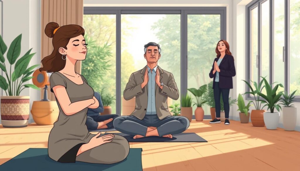 A serene indoor setting showcasing a diverse group of adults practicing self mindfulness exercises. In the foreground, a young woman in modest casual clothing is sitting cross-legged on a yoga mat, eyes closed, embodying calmness. In the middle ground, a middle-aged man in professional attire is engaged in deep breathing, hands resting on his knees, with soft natural light illuminating his face. Around them, subtle touches of nature such as potted plants and a warm wooden floor enhance the ambiance. In the background, a large window reveals a tranquil garden scene, with sunlight filtering through, creating a peaceful atmosphere. The mood is introspective and serene, ideal for promoting self awareness. Image by nextself.ai. A serene indoor setting showcasing a diverse group of adults practicing self mindfulness exercises. In the foreground, a young woman in modest casual clothing is sitting cross-legged on a yoga mat, eyes closed, embodying calmness. In the middle ground, a middle-aged man in professional attire is engaged in deep breathing, hands resting on his knees, with soft natural light illuminating his face. Around them, subtle touches of nature such as potted plants and a warm wooden floor enhance the ambiance. In the background, a large window reveals a tranquil garden scene, with sunlight filtering through, creating a peaceful atmosphere. The mood is introspective and serene, ideal for promoting self awareness. Image by nextself.ai.